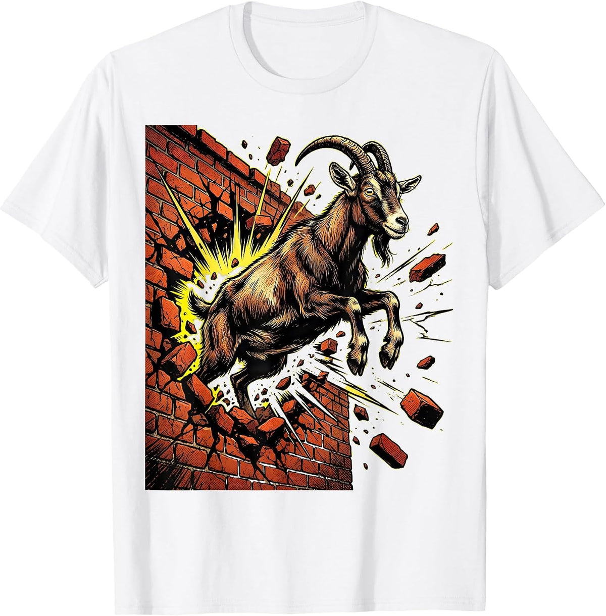 Men's Unhinged Goat Smashing Through Brick Wall T-Shirt - White