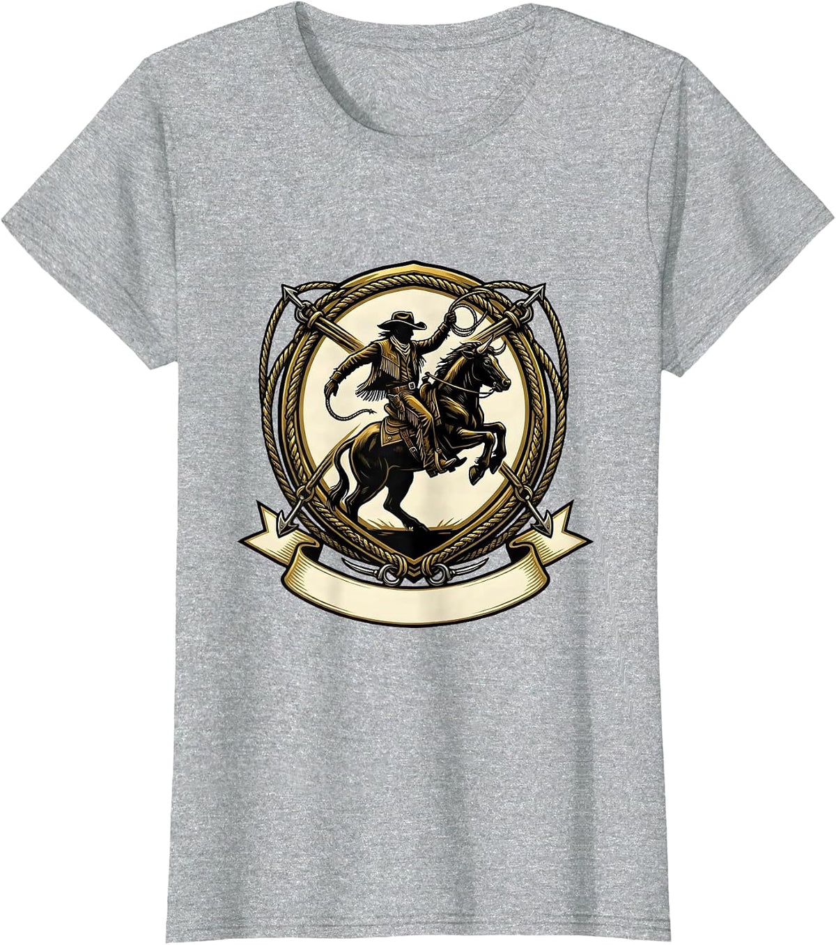 Cowgirl Riding Cowboy Rodeo Arena Illustration T-Shirt - Heather Grey