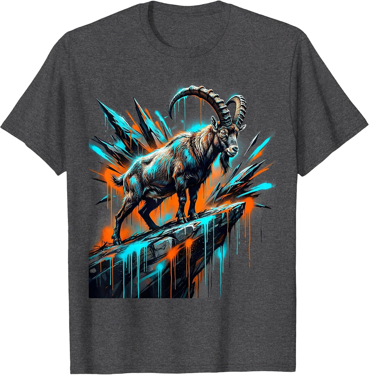 Men's Mountain Goat Cliff Edge Wildlife Illustration T-Shirt - Dark Heather Grey