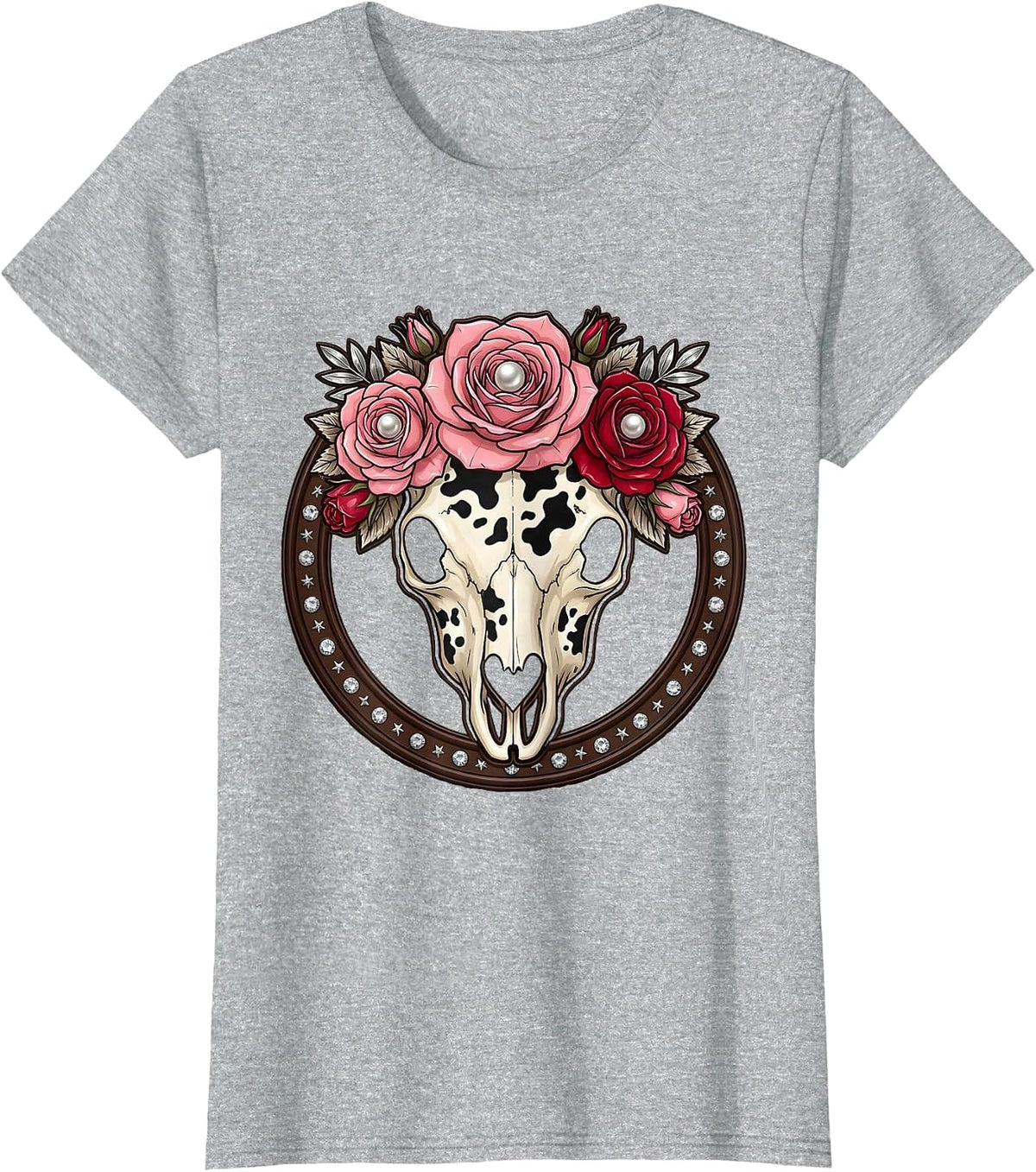 Women's Cow Print Floral Skull Boho Western Design T-Shirt - Heather Grey