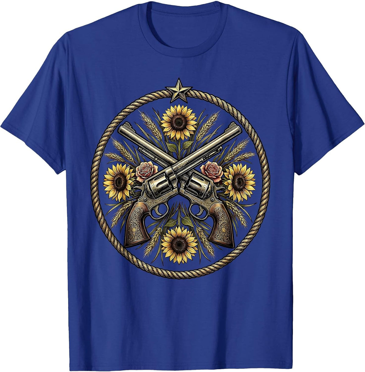 Crossed Revolvers Wildflowers Cowgirl Western Design T-Shirt - Royal Blue