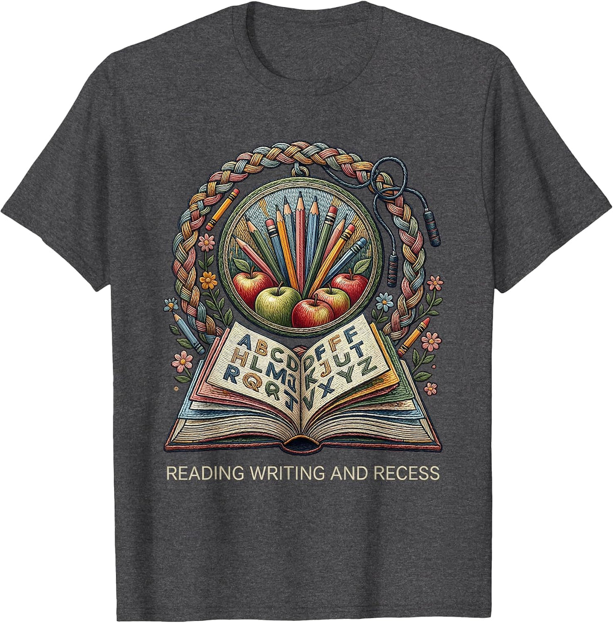 Reading Writing and Recess First Grade Teacher T-Shirt - Dark Heather Grey