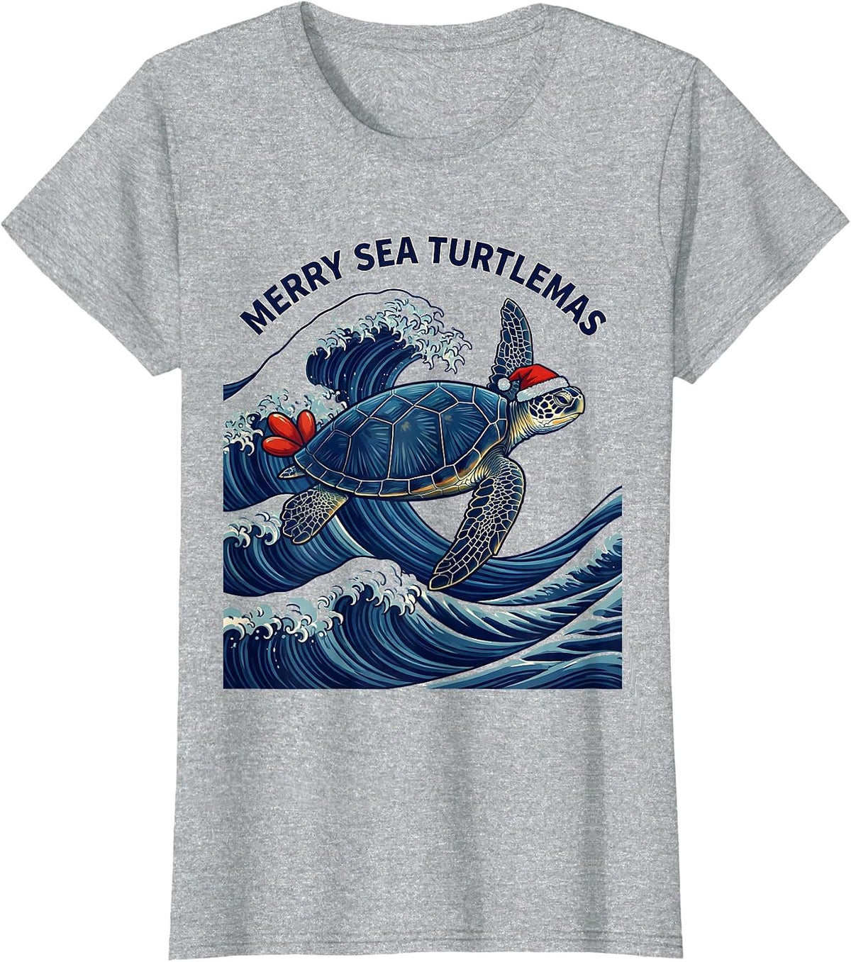 Women's Merry Sea Turtlemas Ukiyo-e Santa Hat Sea Turtle Lover T-Shirt - Heather Grey