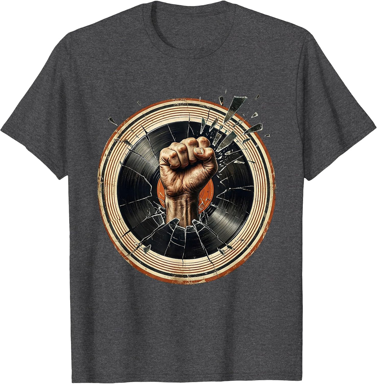 Rock Fist Punching Through Vinyl Record Graphic T-Shirt - Dark Heather Grey