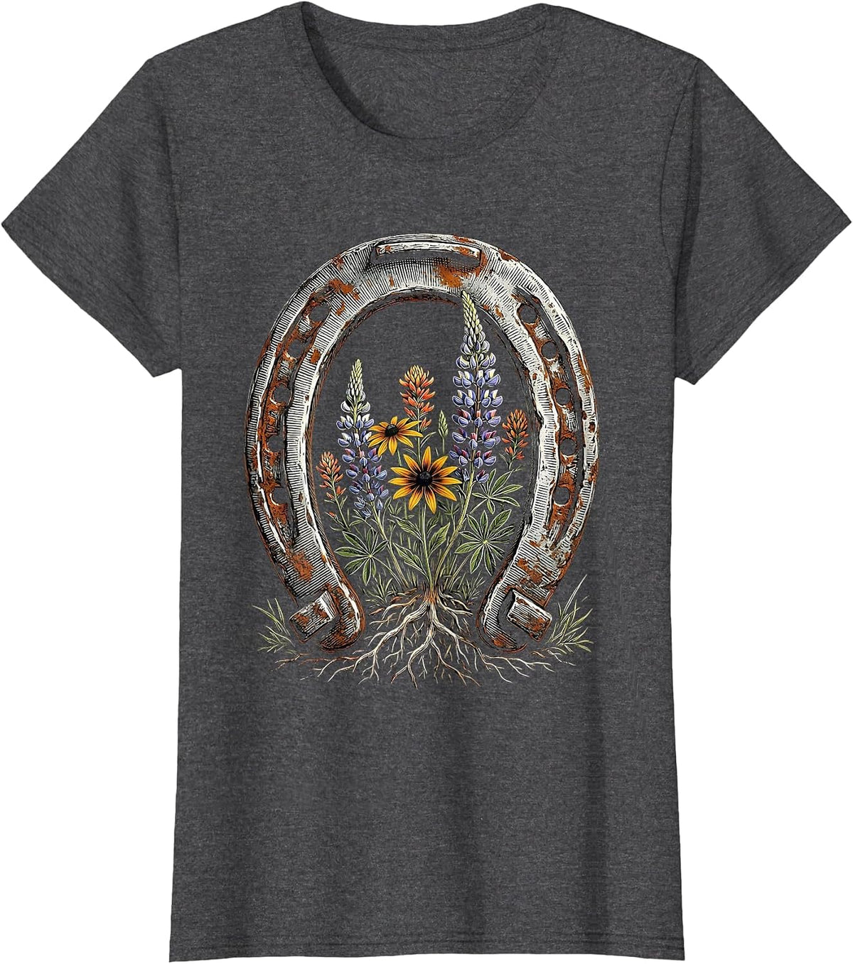 Women's Wildflower Horseshoe Western Boho Graphic T-Shirt - Dark Heather Grey