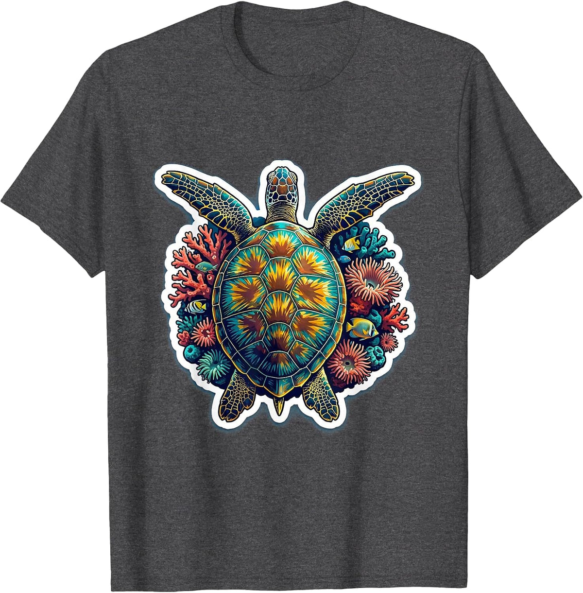 Men's Hawaiian Sea Turtle Coral Reef Graphic Design T-Shirt - Dark Heather Grey