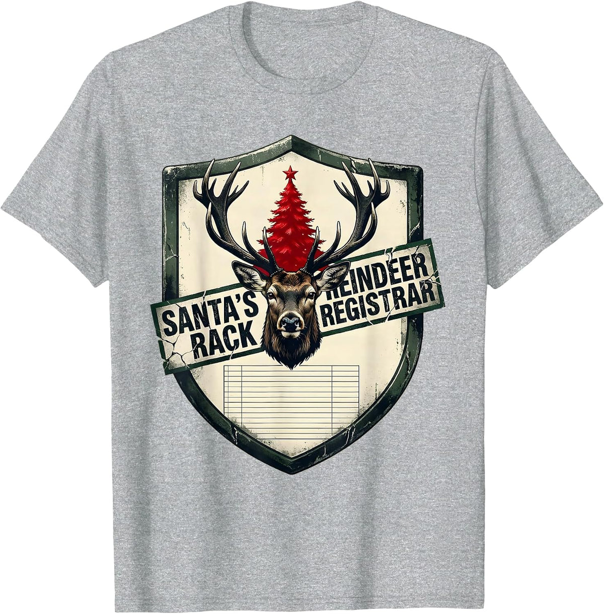 Men's Santa's Reindeer Rack Registrar Distressed Deer Hunter T-Shirt - Heather Grey
