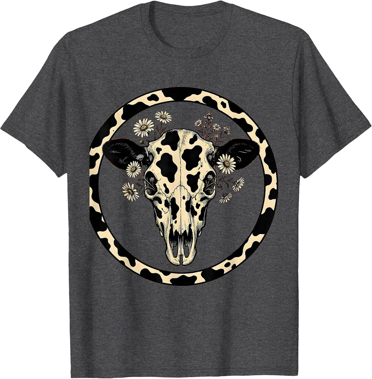 Men's Cow Skull Wildflowers Boho Western Floral Illustration T-Shirt - Dark Heather Grey