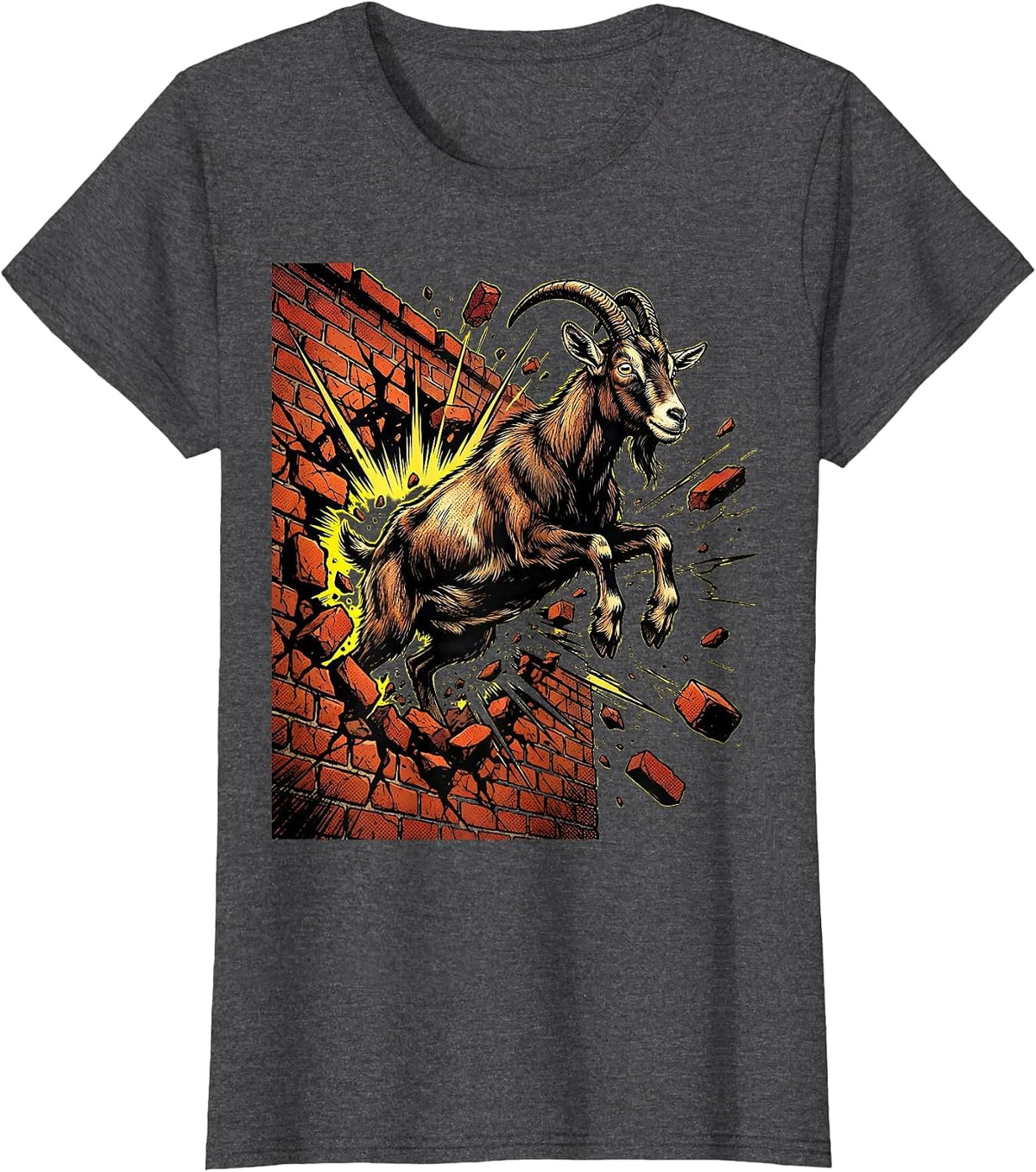 Women's Unhinged Goat Smashing Through Brick Wall T-Shirt - Dark Heather Grey