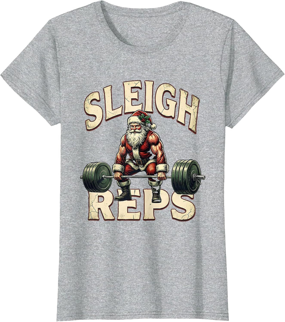 Women's Sleigh Reps Distressed Funny Christmas Gym Weightlifting T-Shirt - Heather Grey