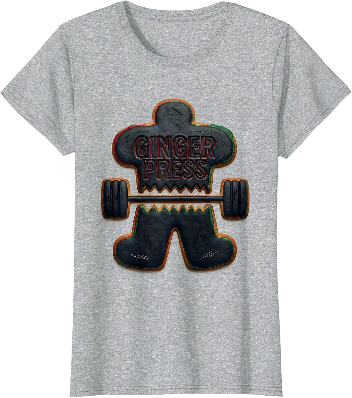 Women's Ginger Press Linocut Funny Gym Bodybuilding Christmas T-Shirt - Heather Grey