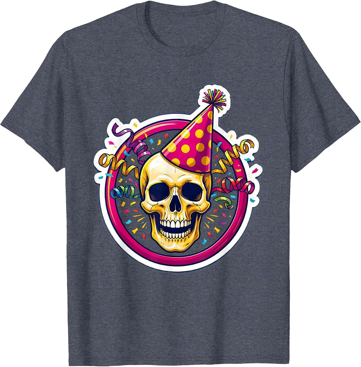Happy Birthday Skull Party Hat Streamer Design T-Shirt - Heather Blue