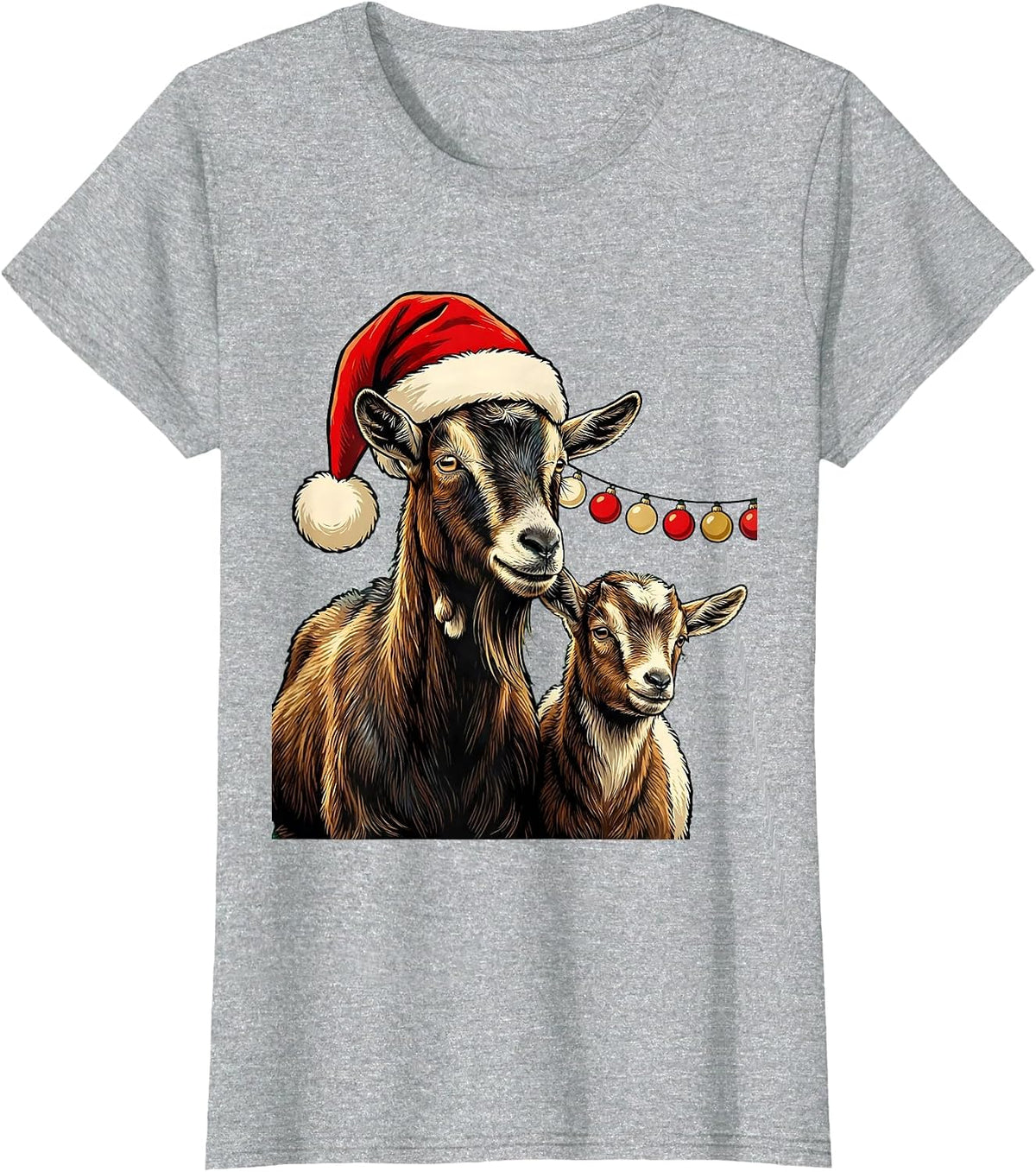 Goat Santa Hat Farm Animal Christmas Lights Novelty T-Shirt - Heather Grey