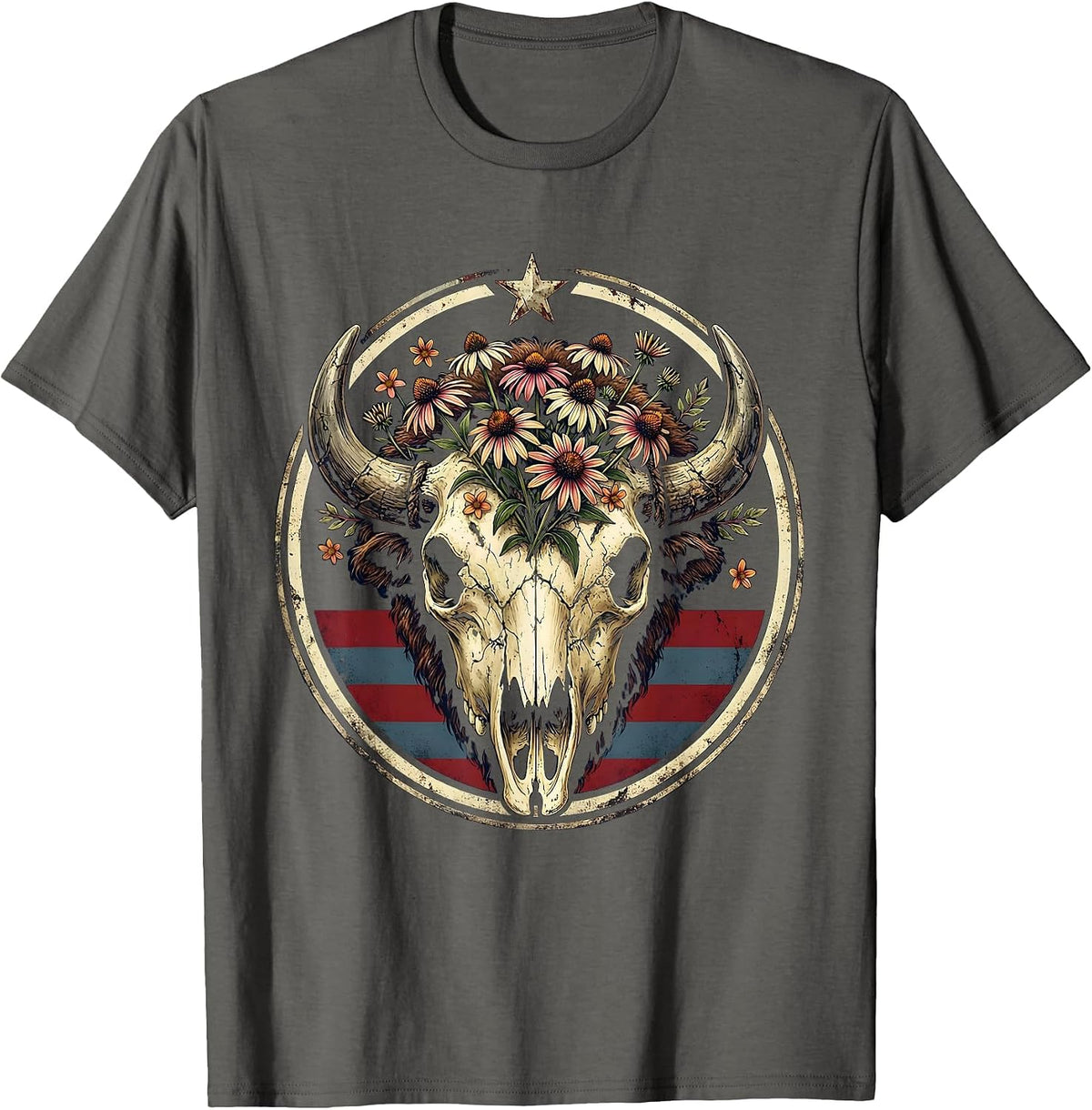Men's Bison Skull Wildflowers American West Boho Nature Art T-Shirt - Asphalt Grey