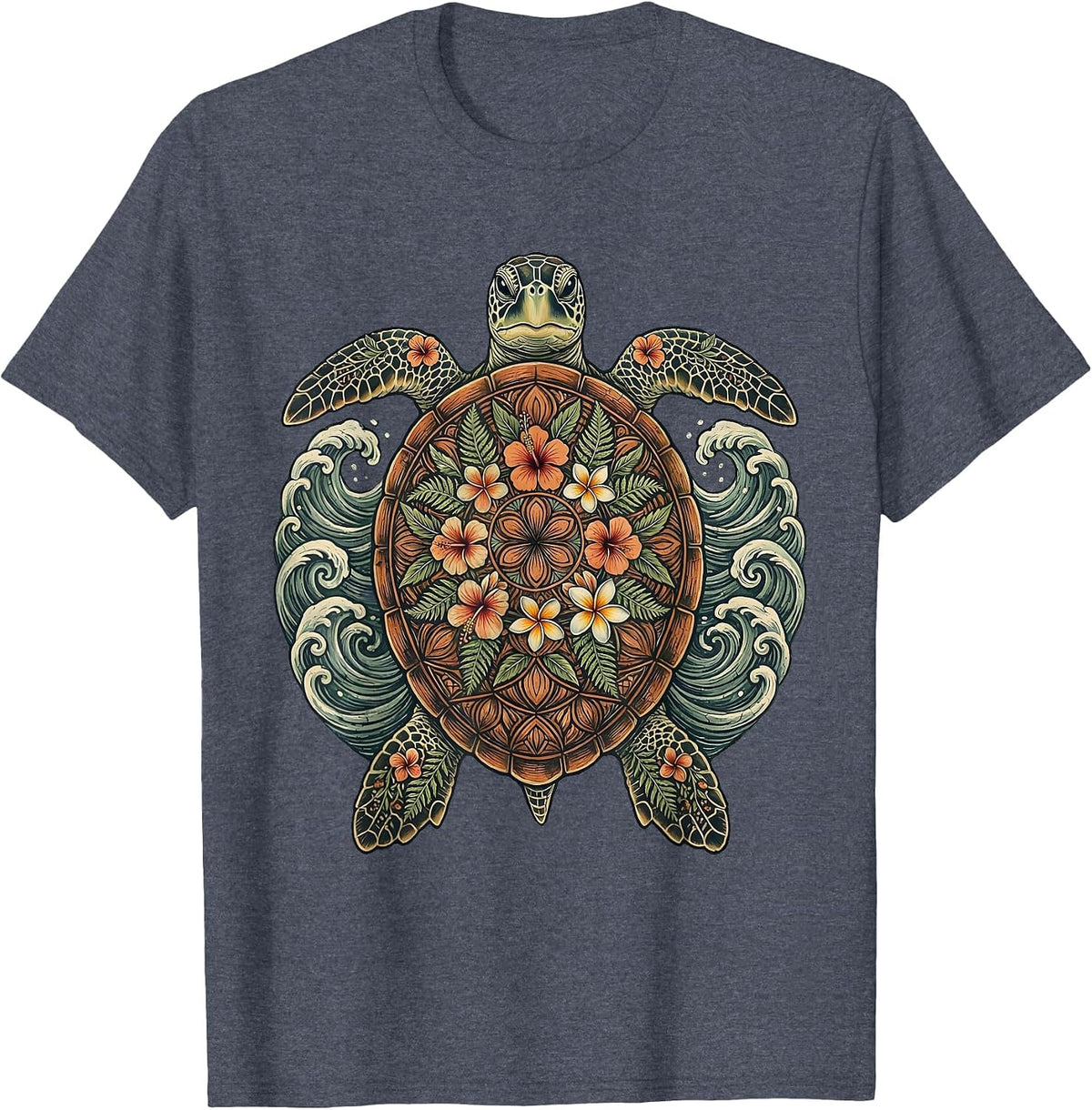 Sea Turtle Ocean Waves Hawaiian Graphic Tee T-Shirt - Heather Blue