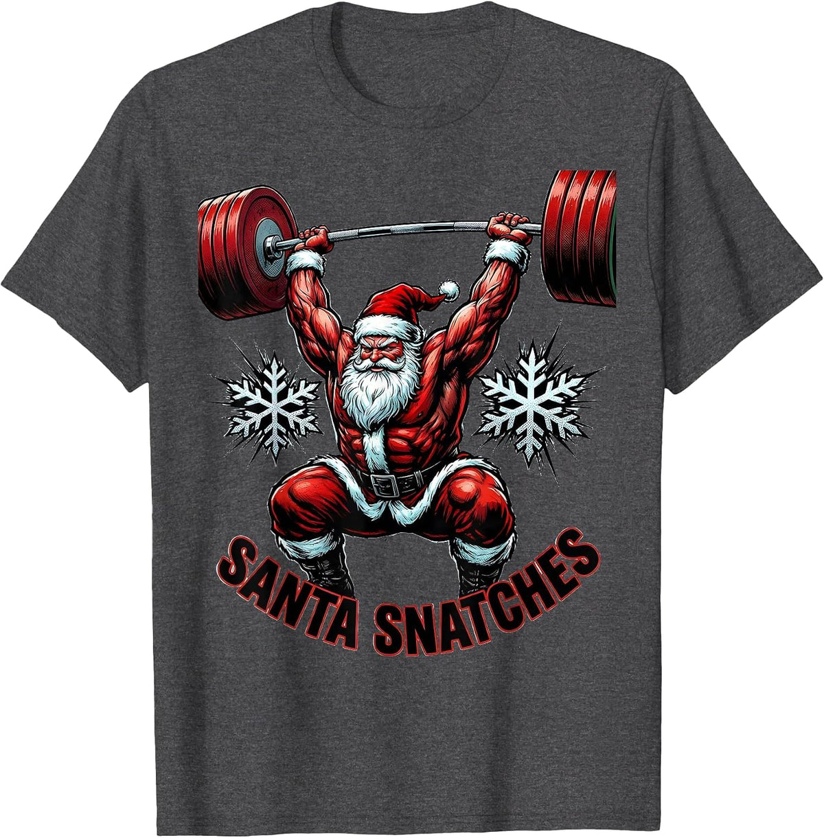 Men's Santa Snatches Comic Book Funny Christmas Gym Bodybuilding T-Shirt - Dark Heather Grey