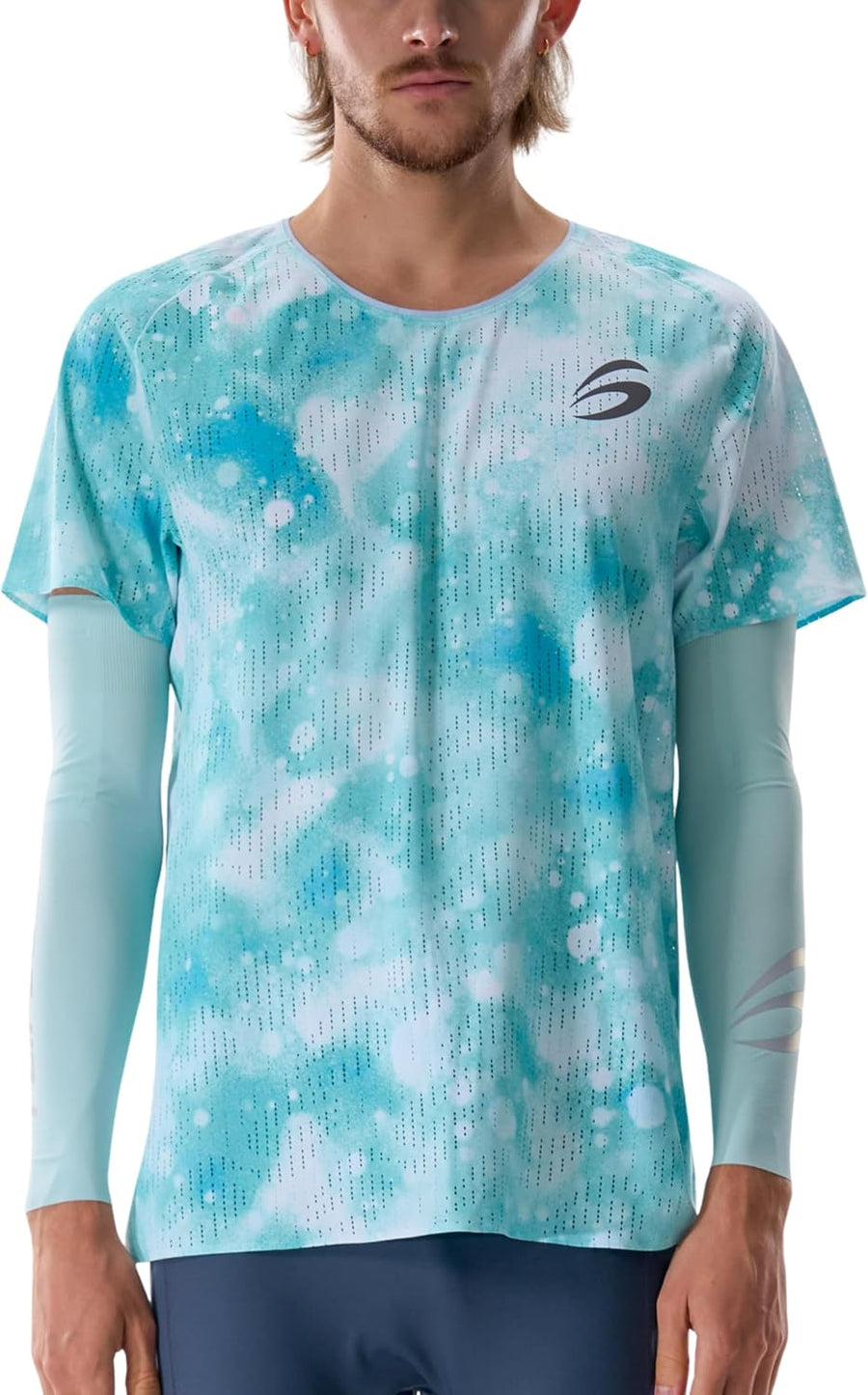 FlipBelt Men's Marathon Mesh Short Sleeve - Breathable Running Tee Shirt - Rainwashed Blue