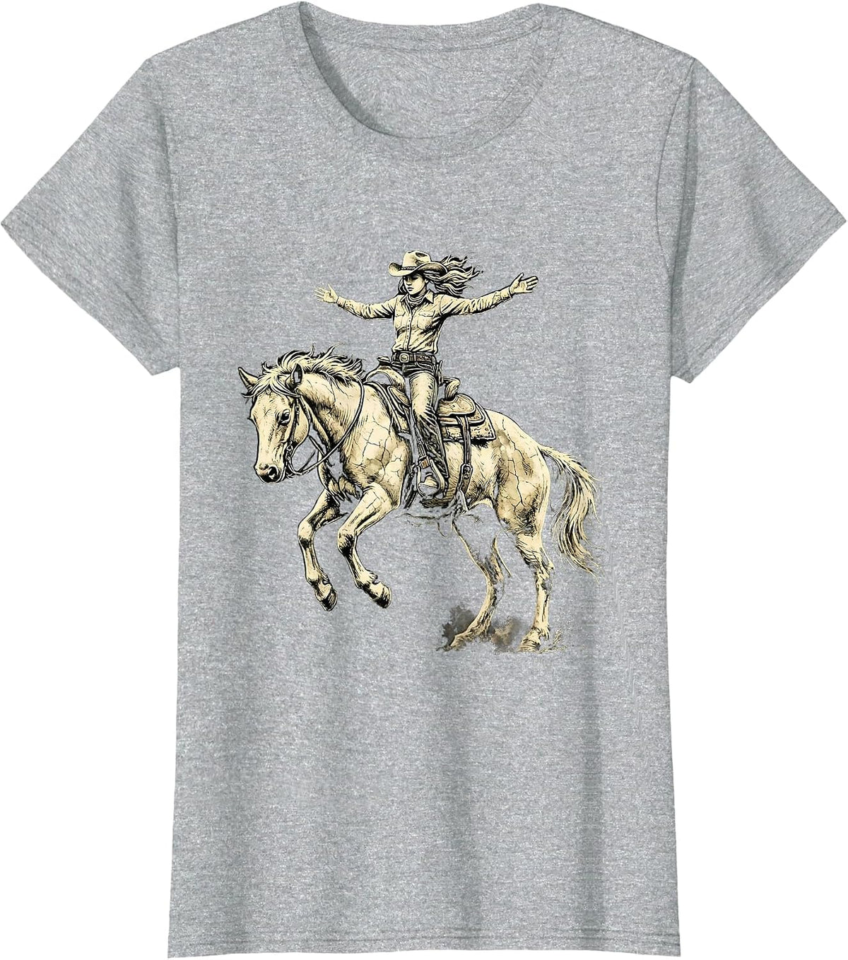 Cowgirl Riding Bucking Bronco Western Rodeo Art T-Shirt - Heather Grey