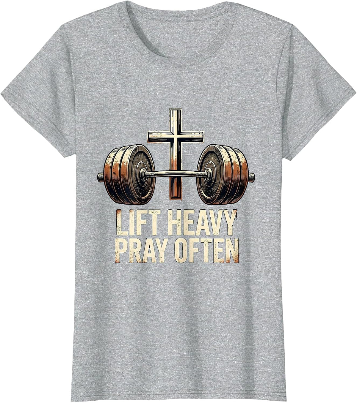 Women's Lift Heavy Pray Often Distressed Christian Gym Faith T-Shirt - Heather Grey