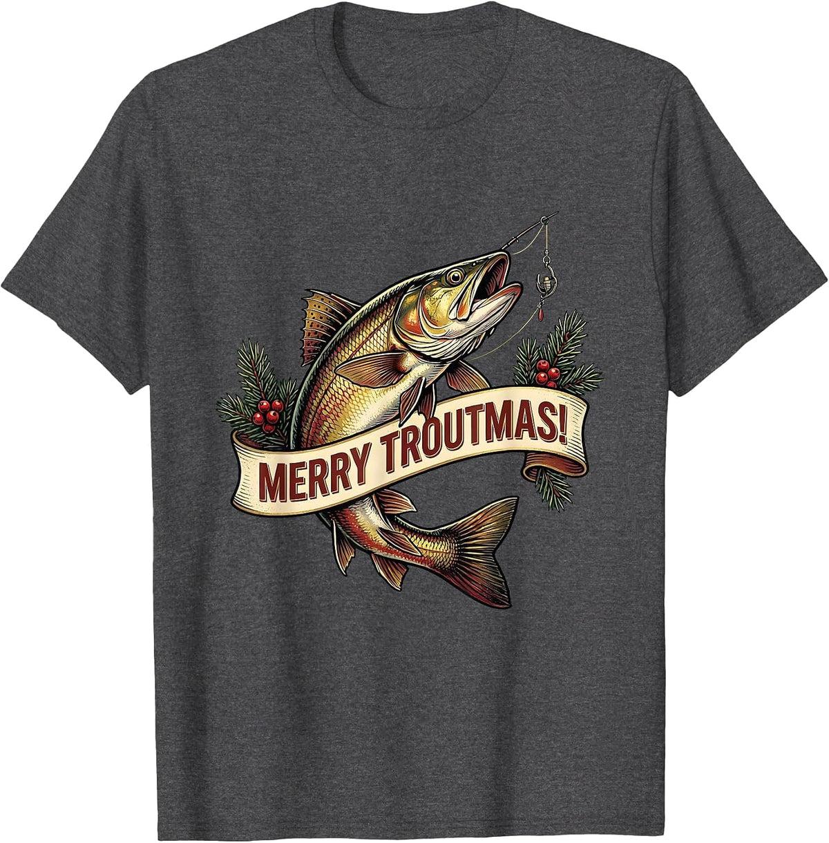 Men's Merry Troutmas! Funny Fishing Christmas Fisherman Holiday T-Shirt - Dark Heather Grey
