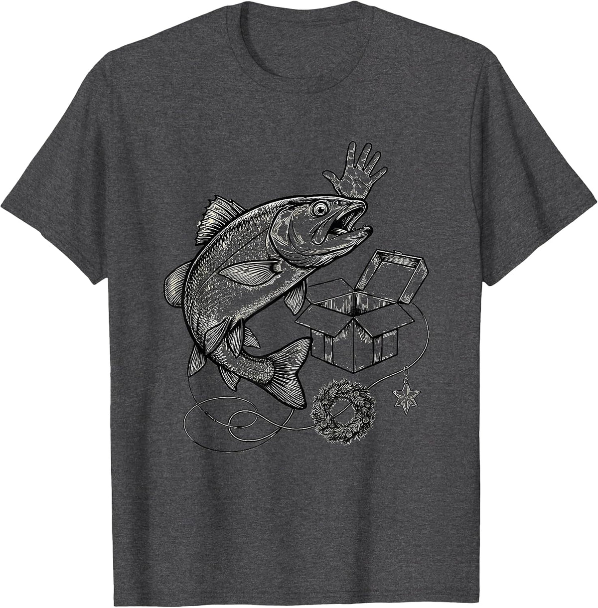 Men's Cheerful Trout Gift Box Christmas Fishing Humor T-Shirt - Dark Heather Grey