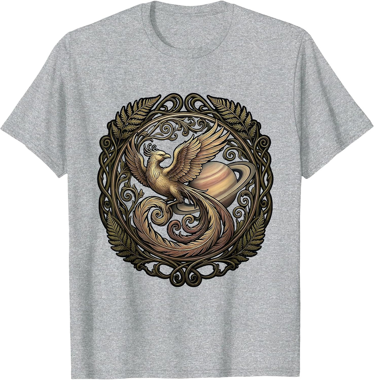 Men's Bird in Flight Past Ringed Planet Space Art T-Shirt - Heather Grey