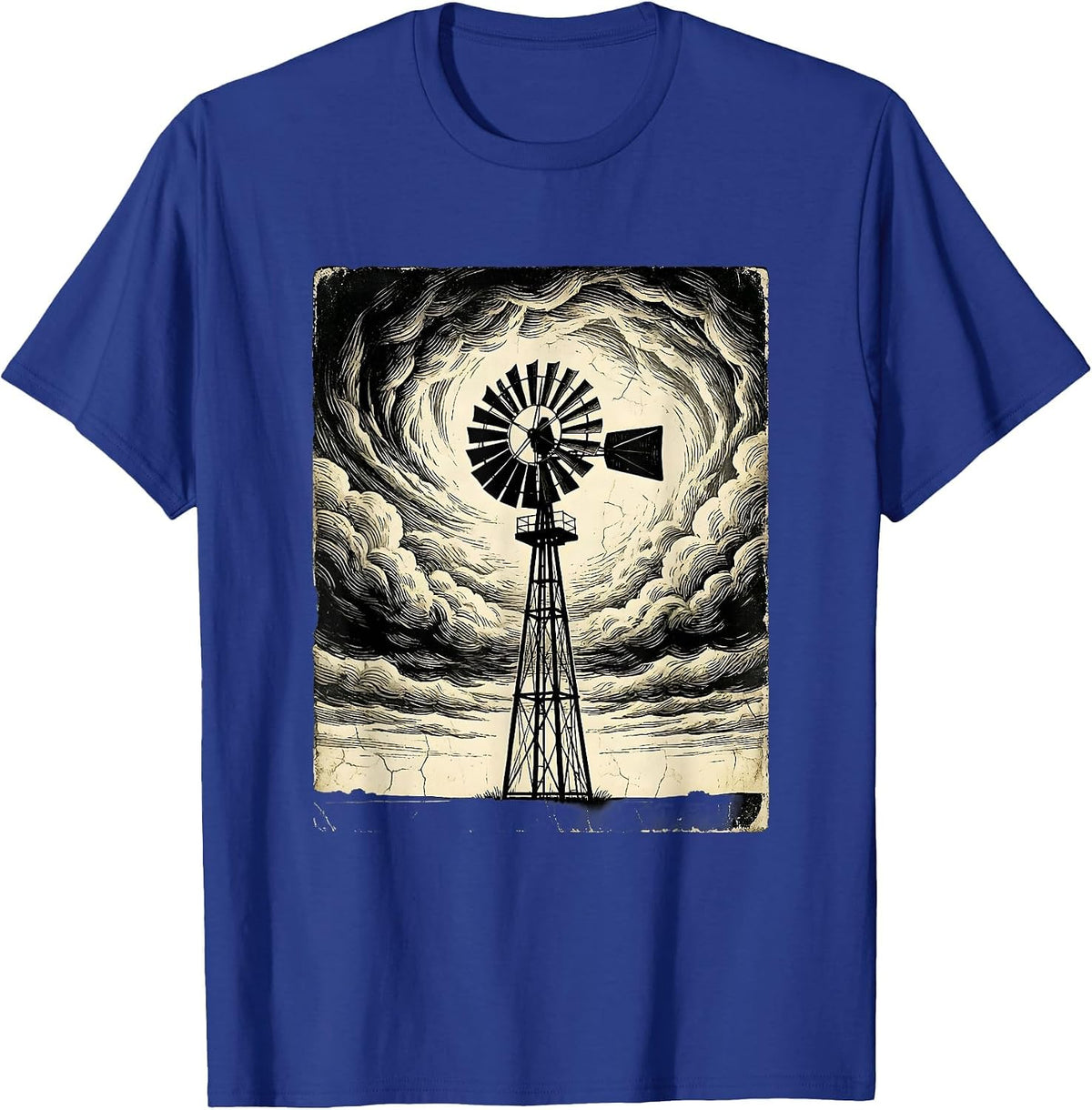 Lone Windmill Storm Clouds Dramatic Sky Art T-Shirt - Royal Blue