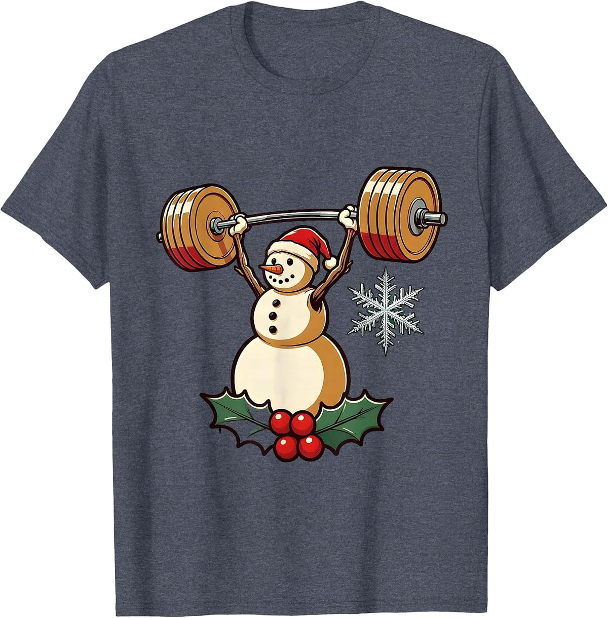 Santa Snowman Barbell Gym Workout Christmas Humor T-Shirt - Heather Blue