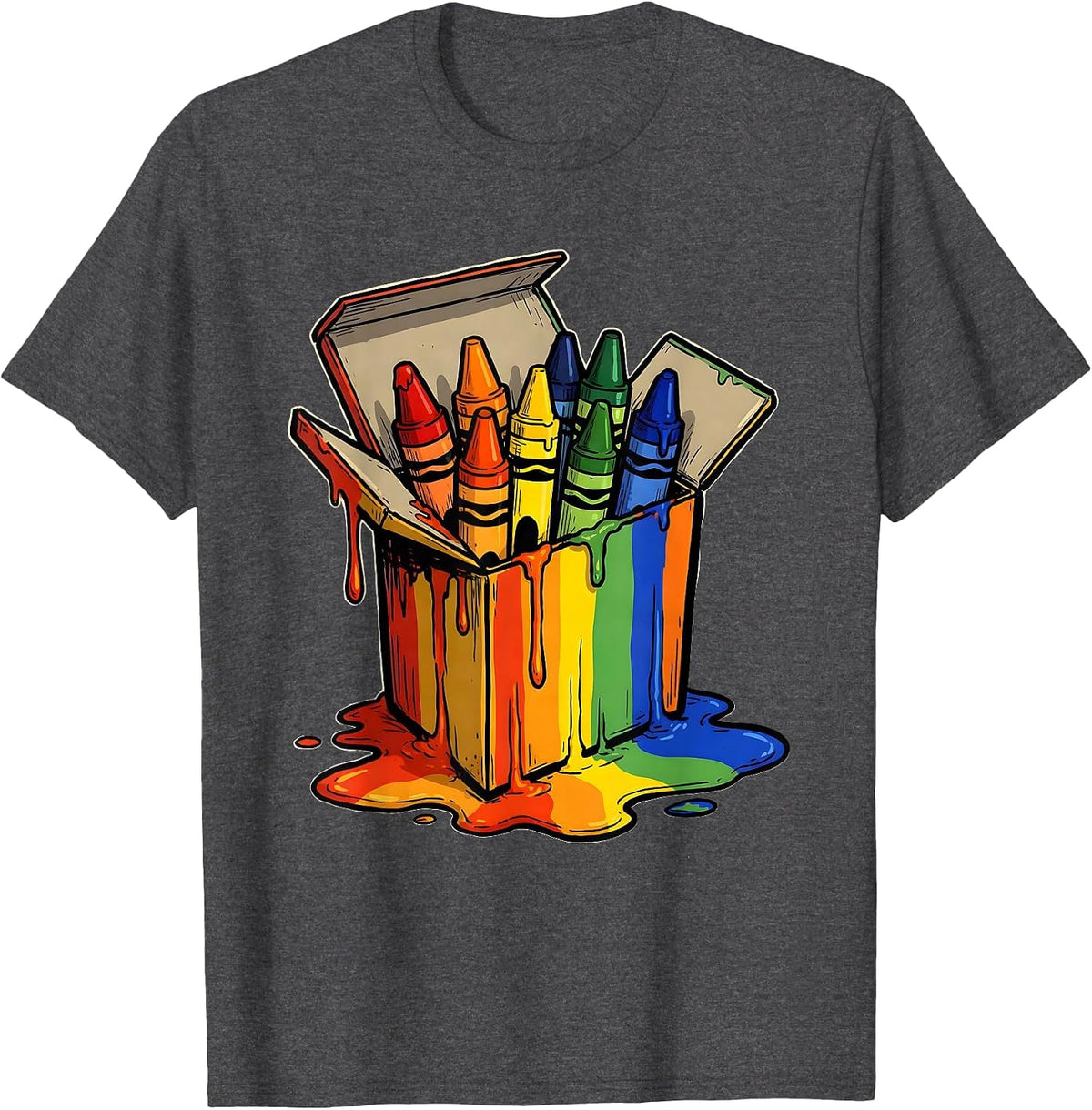 Melting Rainbow Crayon Box Preschool Art Design T-Shirt - Dark Heather Grey