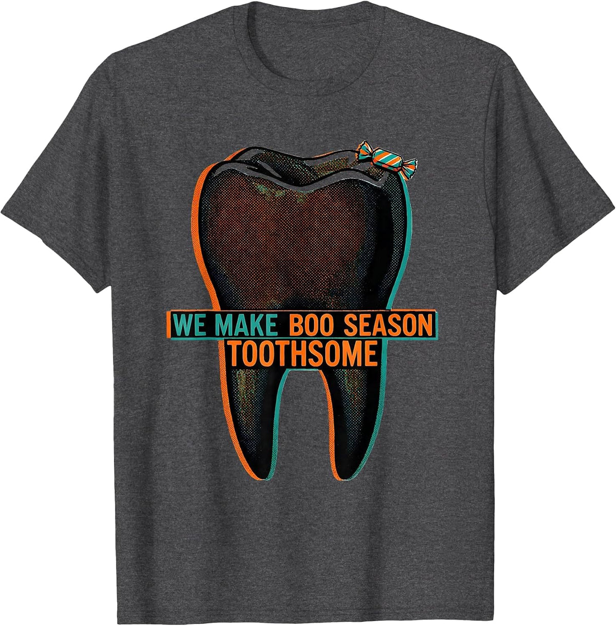 Men's We Make Boo Season Toothsome Risograph Dental Squad T-Shirt - Dark Heather Grey