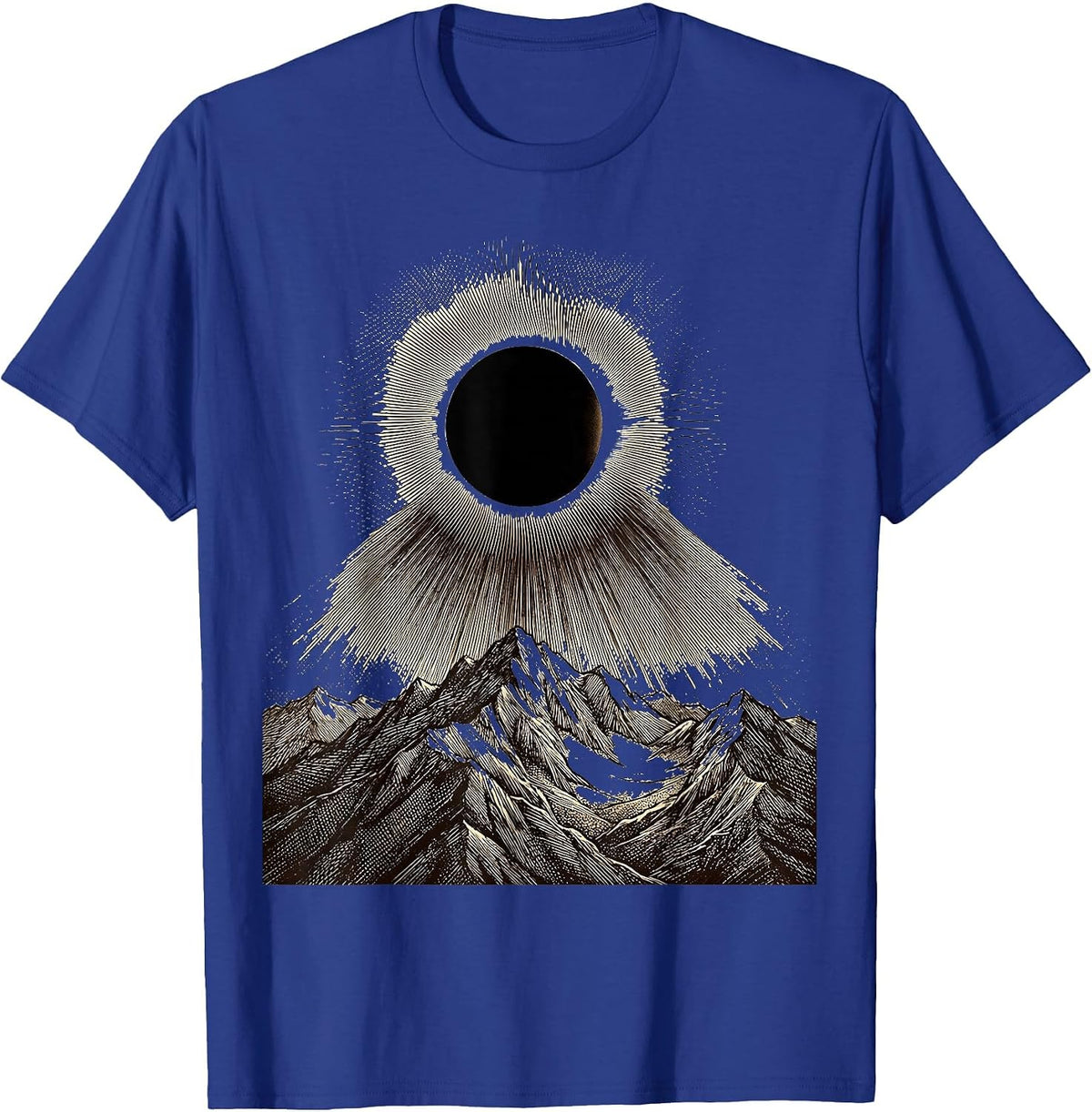 Eclipse Over Mountains Dark Celestial Design T-Shirt - Royal Blue