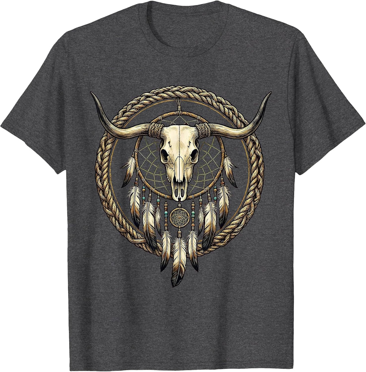 Dreamcatcher Longhorn Skull Western Boho Art T-Shirt - Dark Heather Grey