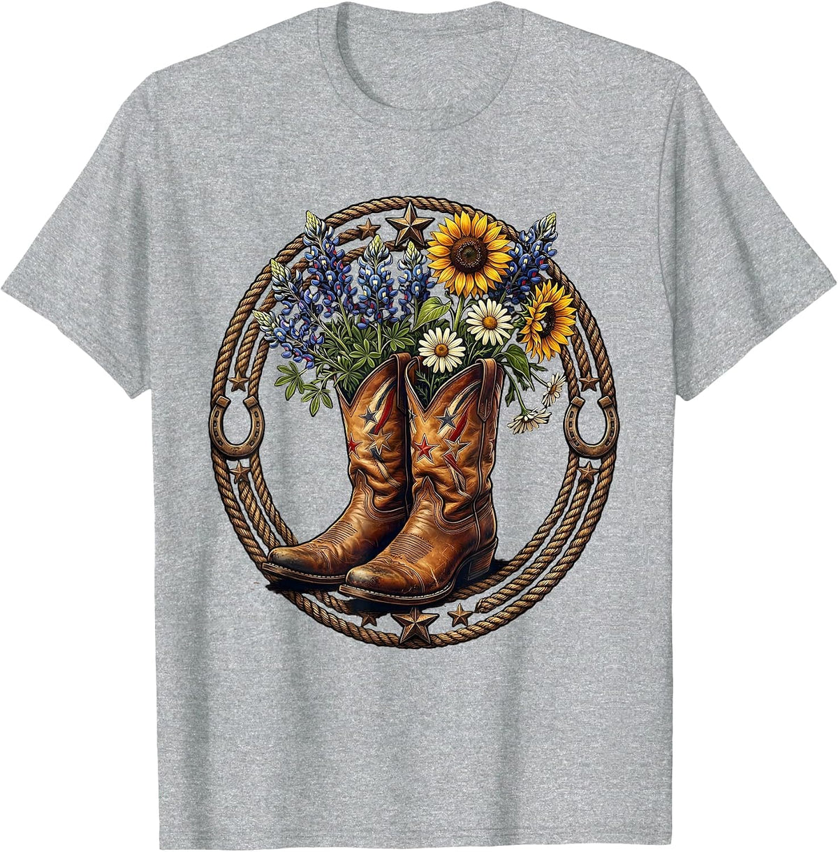 Men's Cowboy Boots Wildflowers Boho Western Floral Art T-Shirt - Heather Grey