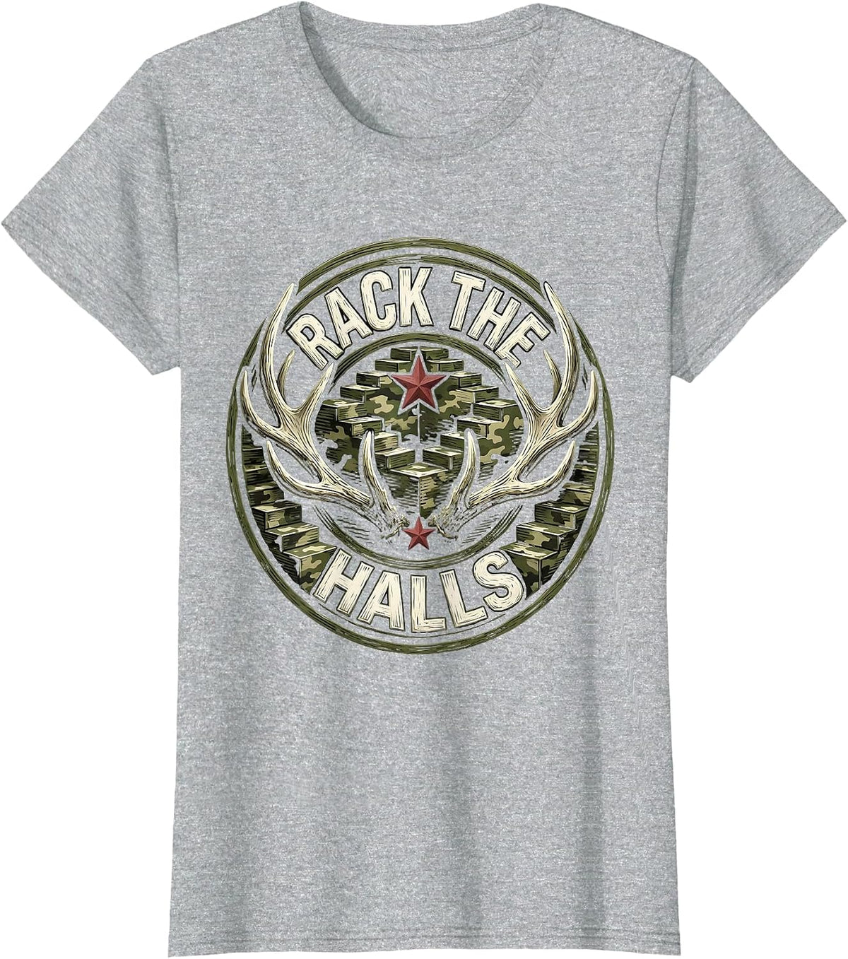 Women's Rack the Halls Woodcut Engraving Funny Camo Deer Hunting T-Shirt - Heather Grey