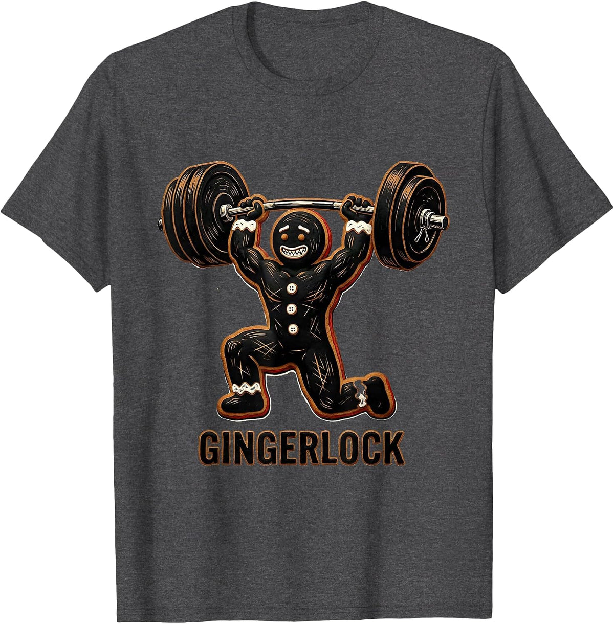 Gingerlock Linocut Gingerbread Man Gym Weightlifting T-Shirt - Dark Heather Grey