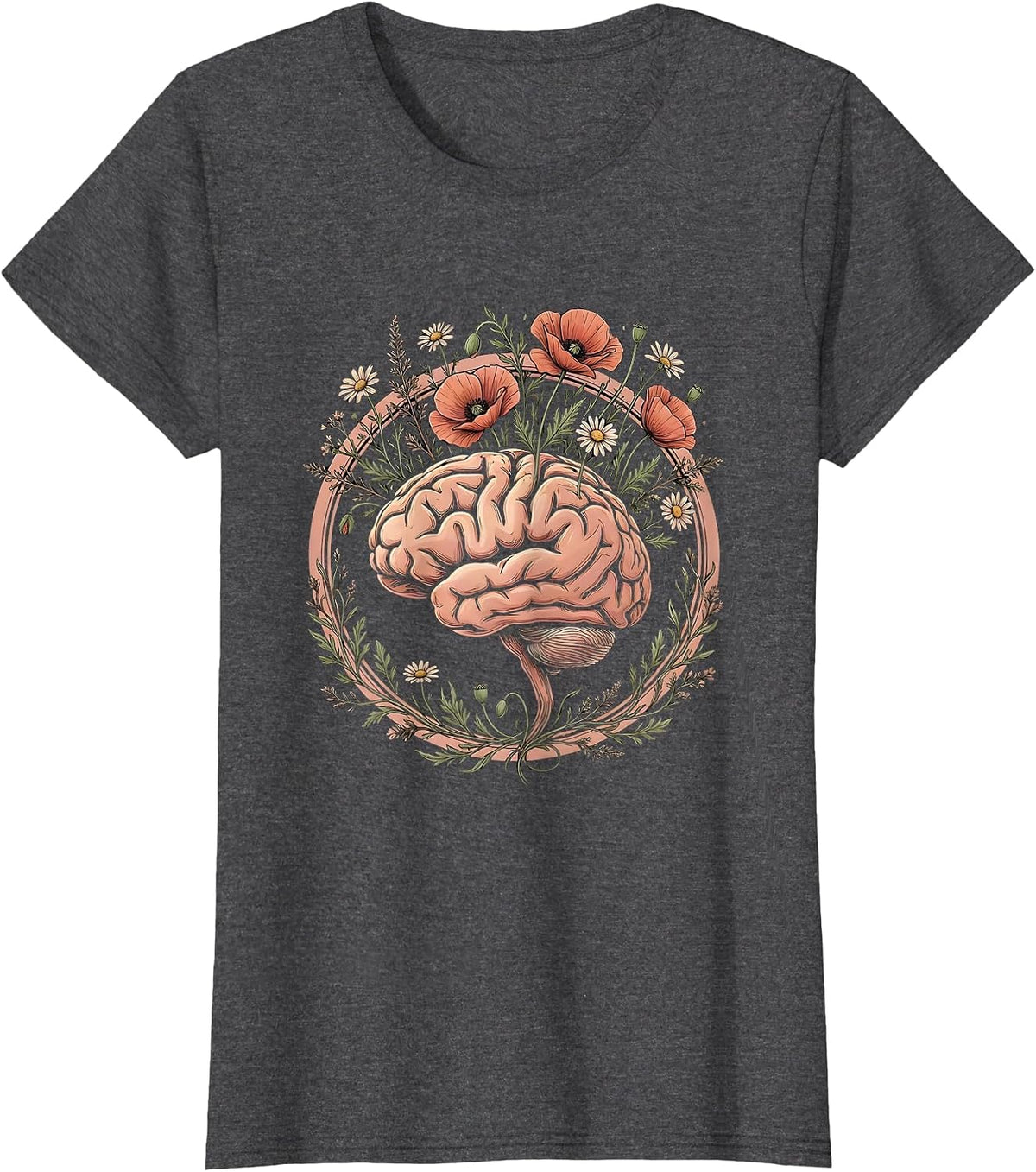 Women's Blooming Brain Mental Health Floral Graphic Tee T-Shirt - Dark Heather Grey