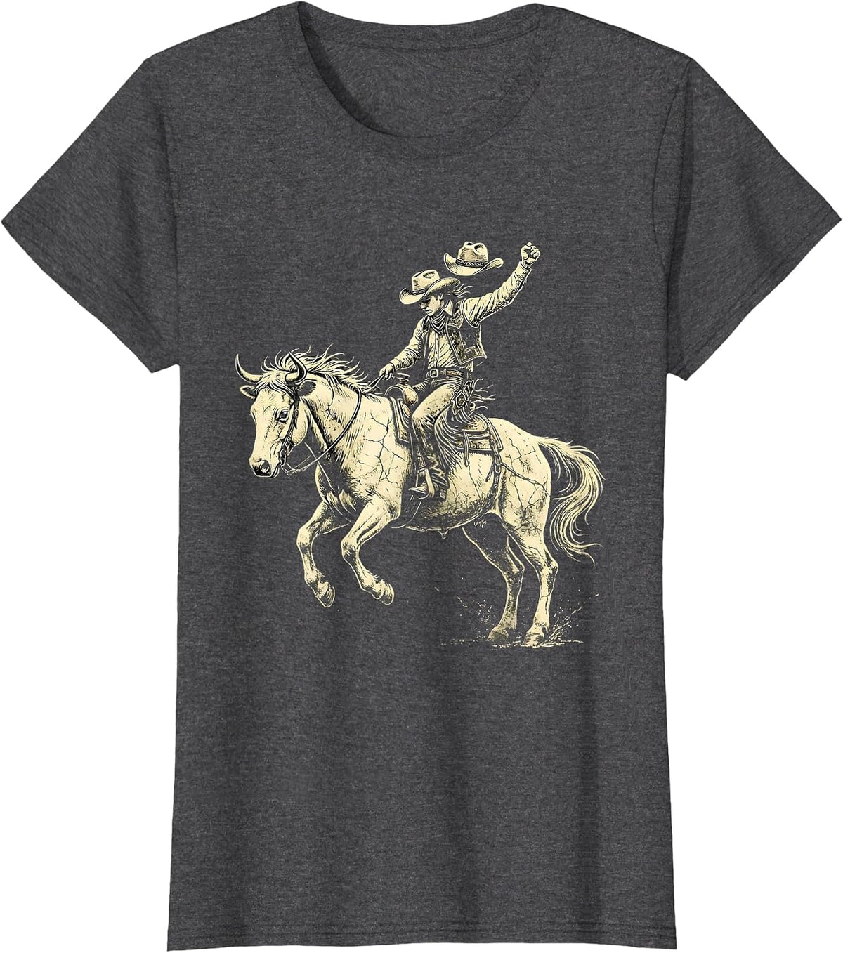 Women's Cowgirl Riding Bucking Bronco Rodeo Illustration T-Shirt - Dark Heather Grey