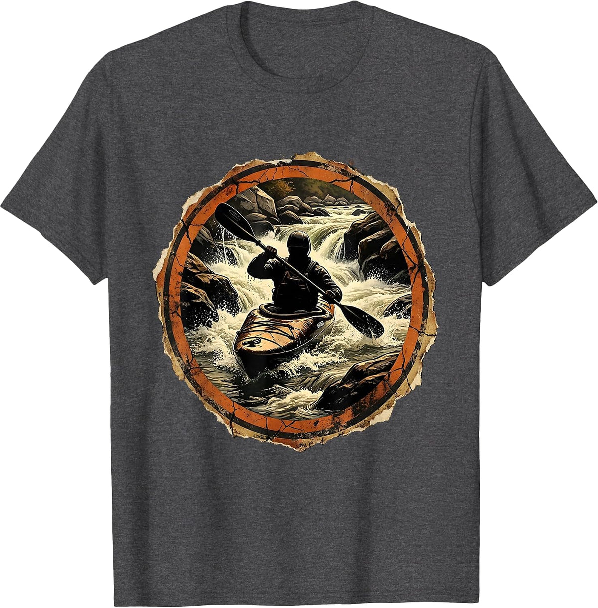 Kayaker Paddling Through Rocky River Rapids T-Shirt - Dark Heather Grey