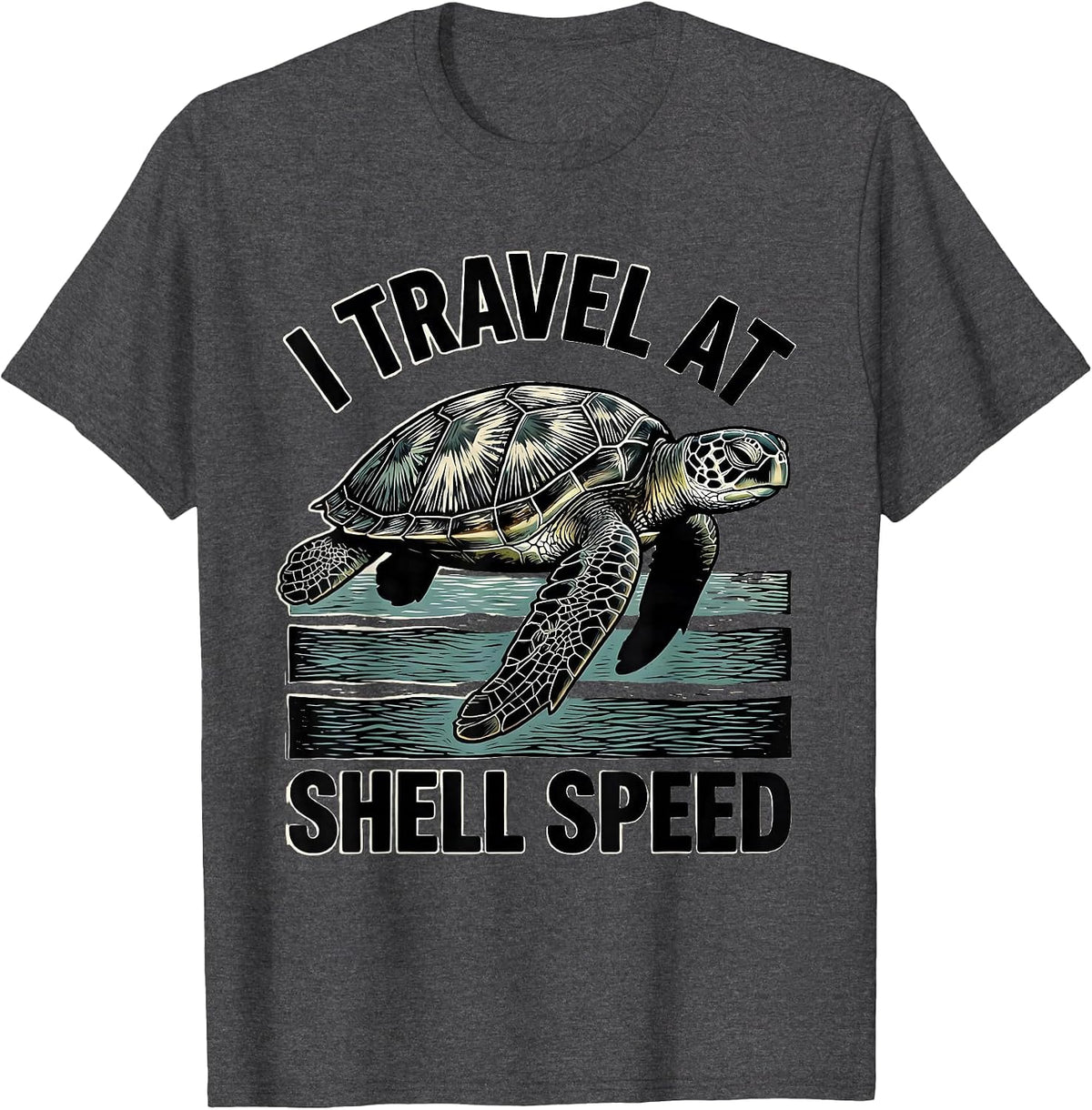 Men's I Travel At Shell Speed Woodcut Engraving Sea Turtle Lover T-Shirt - Dark Heather Grey