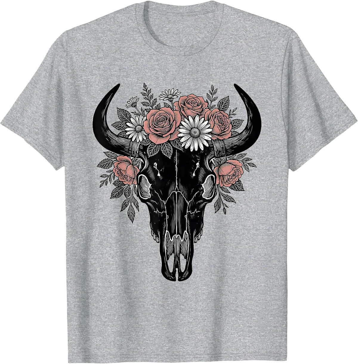 Men's Longhorn Skull Flower Crown Boho Western Graphic T-Shirt - Heather Grey