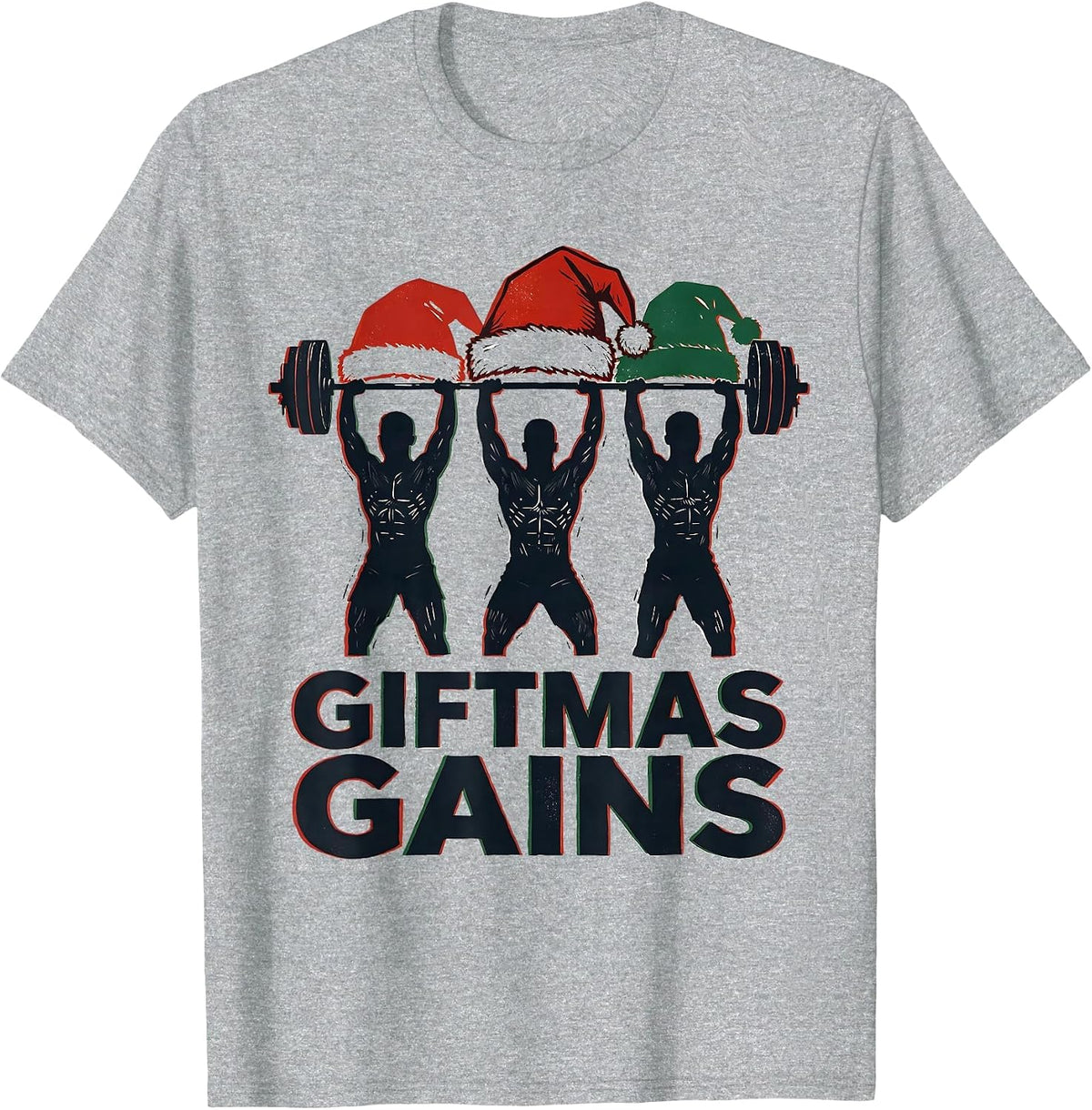 Men's Giftmas Gains Linocut Funny Christmas Gym Weightlifting T-Shirt - Heather Grey