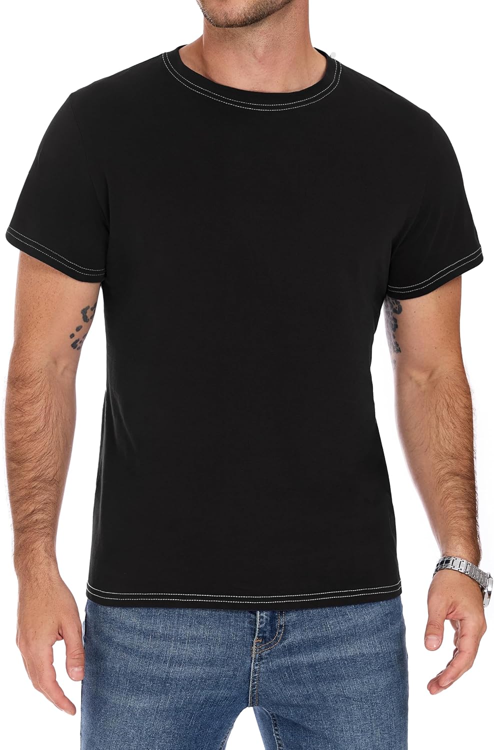 Mens Cotton Short Sleeve Crewneck T-Shirt Gym Workout Athletic Tee Shirt Top - Black
