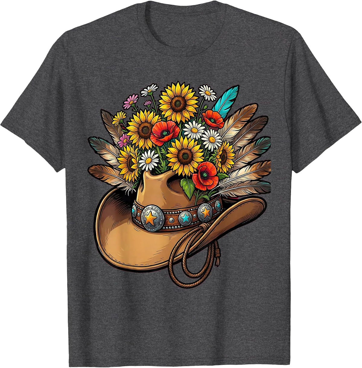 Cowboy Hat Wildflowers Feathers Western Design T-Shirt - Dark Heather Grey