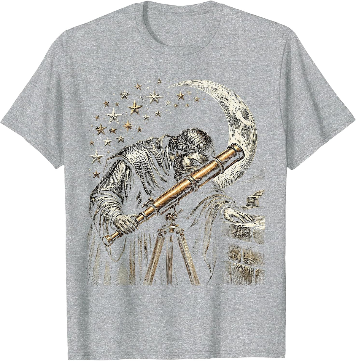 Men's Renaissance Astronomer Brass Telescope Stars Design T-Shirt - Heather Grey