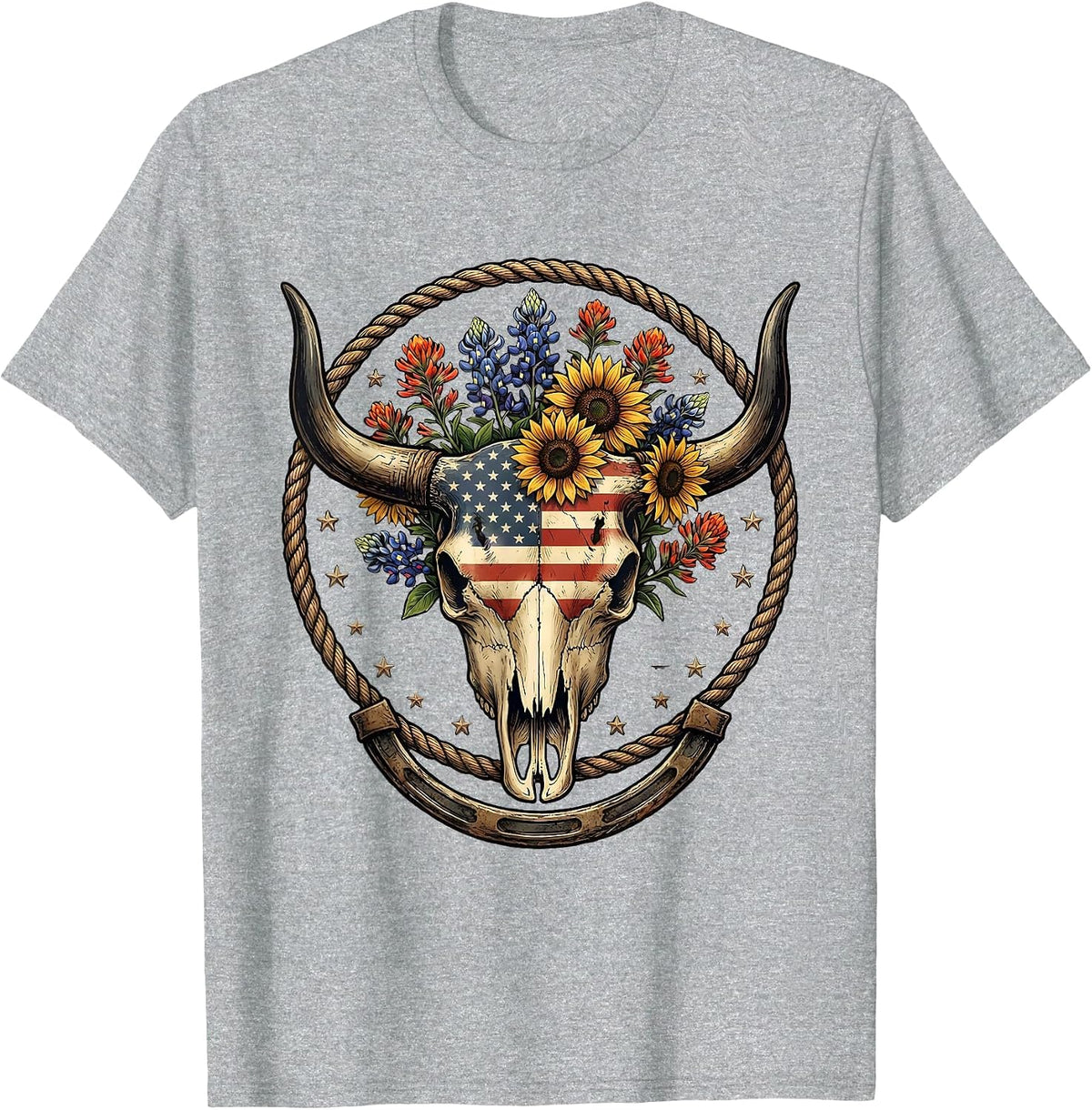 Men's Bull Skull Wildflowers Western Boho Floral Illustration T-Shirt - Heather Grey