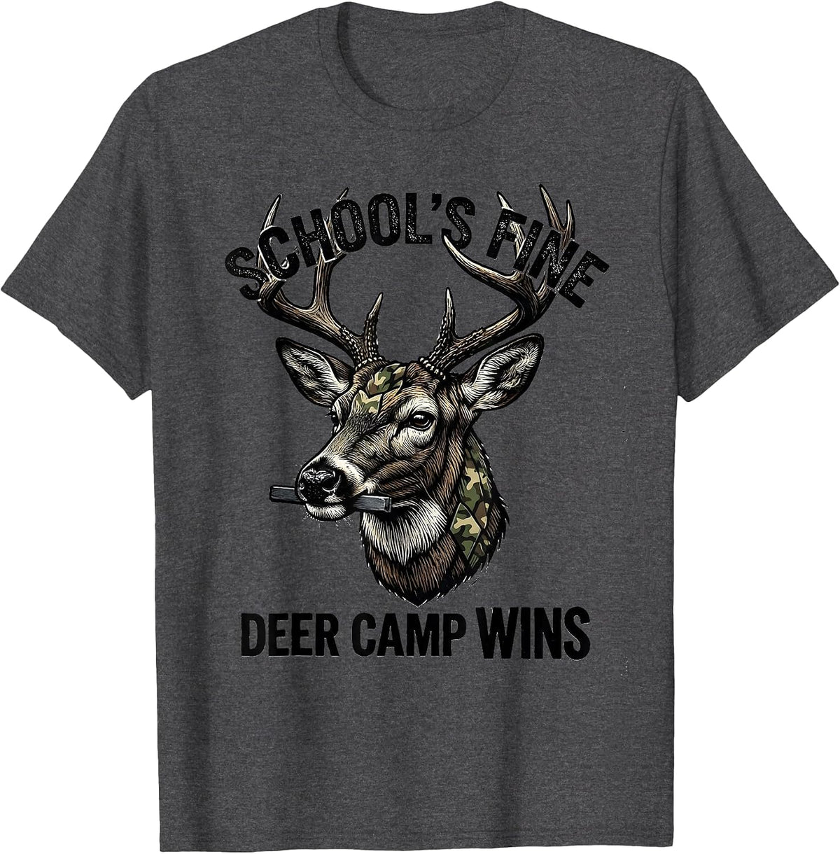School's Fine, Deer Camp Wins Funny Hunting Youth Camo T-Shirt - Dark Heather Grey