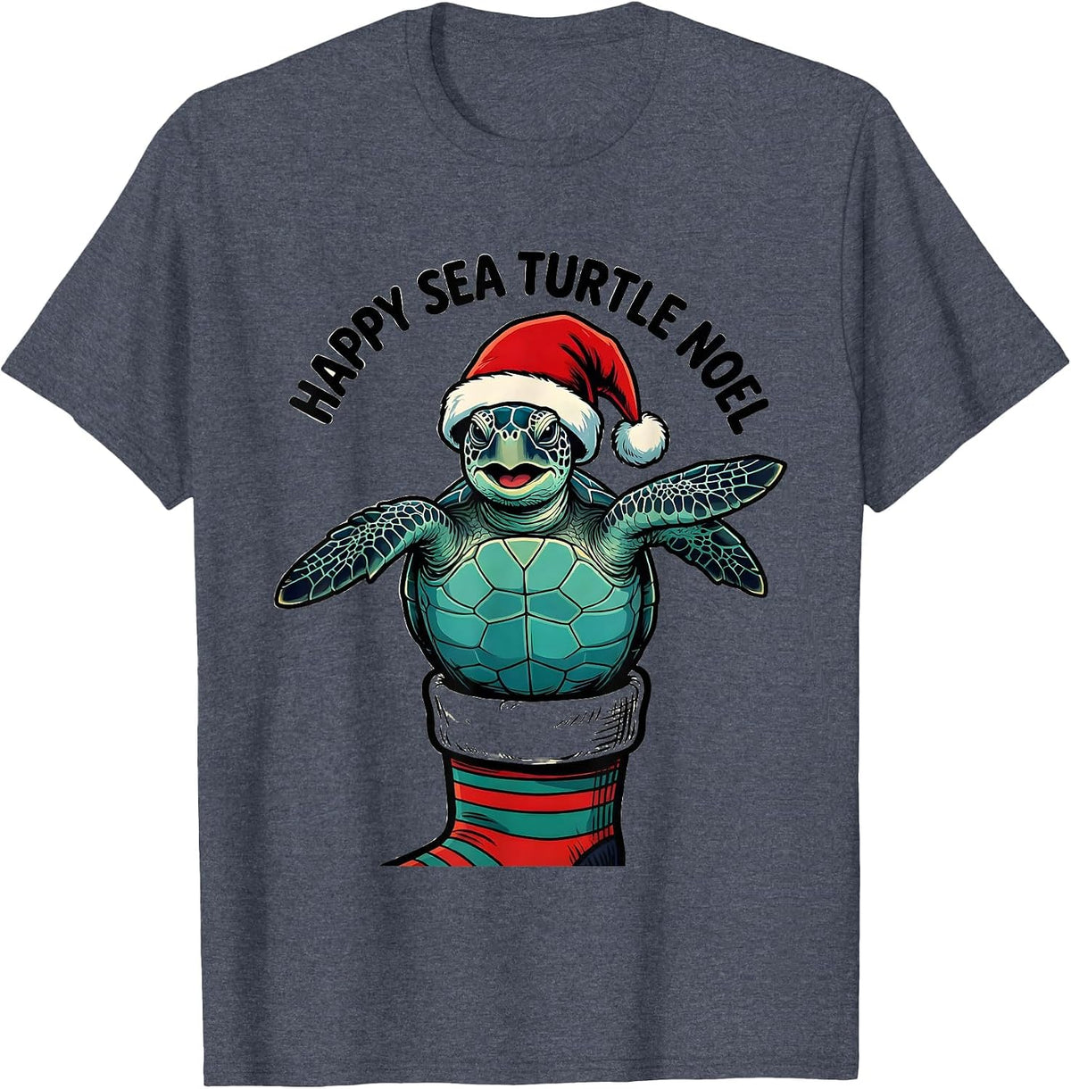 Happy Sea Turtle Noel Cartoon Sea Turtle Lover Christmas T-Shirt - Heather Blue
