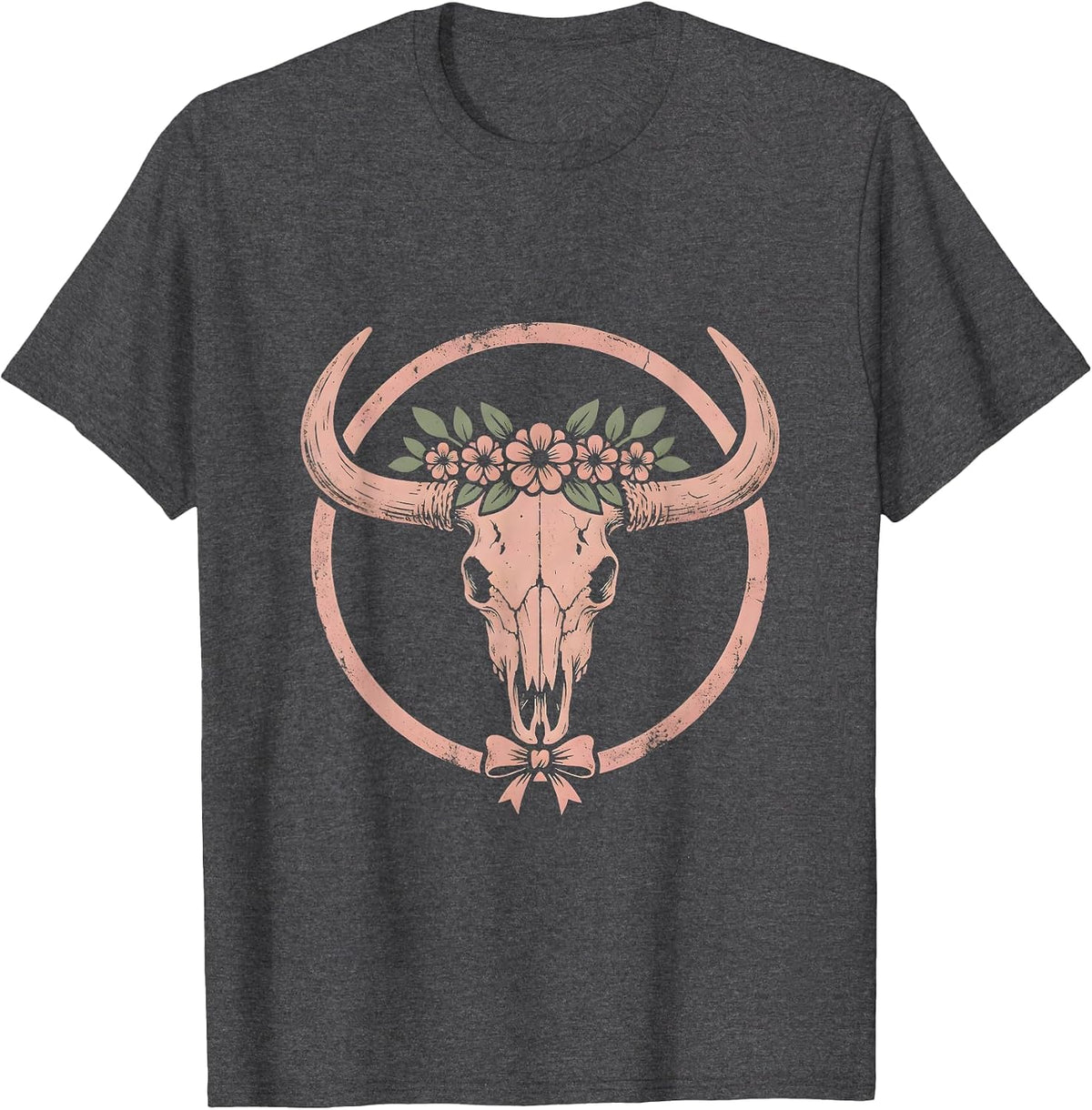 Floral Longhorn Skull Western Boho Design T-Shirt - Dark Heather Grey