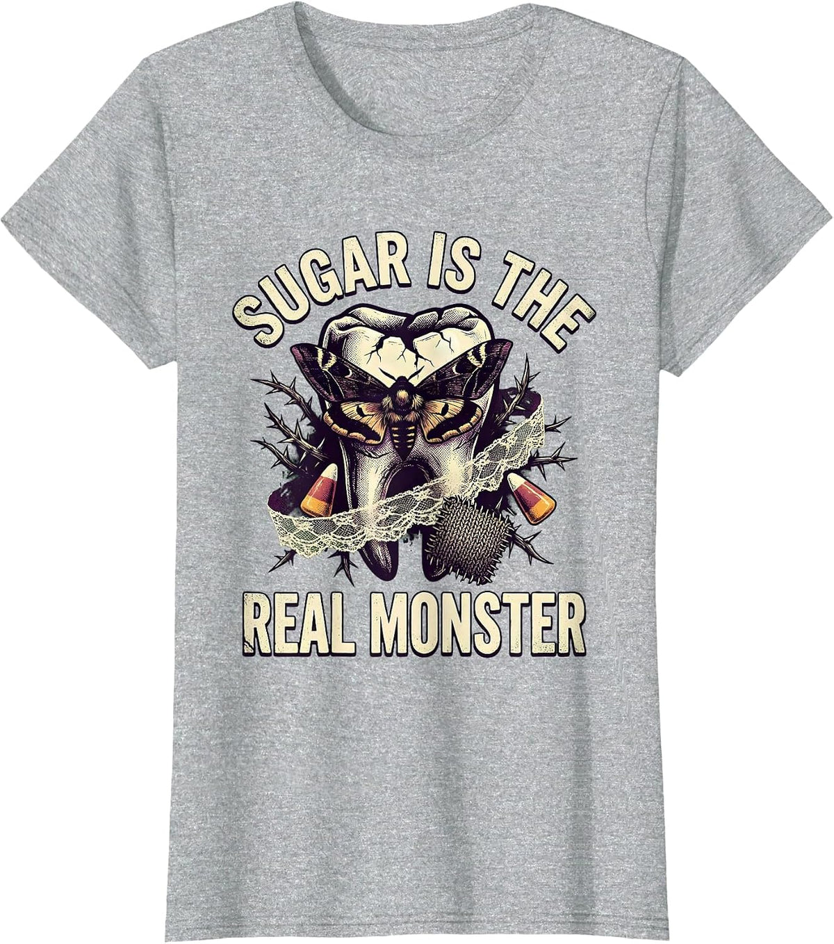 Sugar Is the Real Monster Dental Halloween Design T-Shirt - Heather Grey