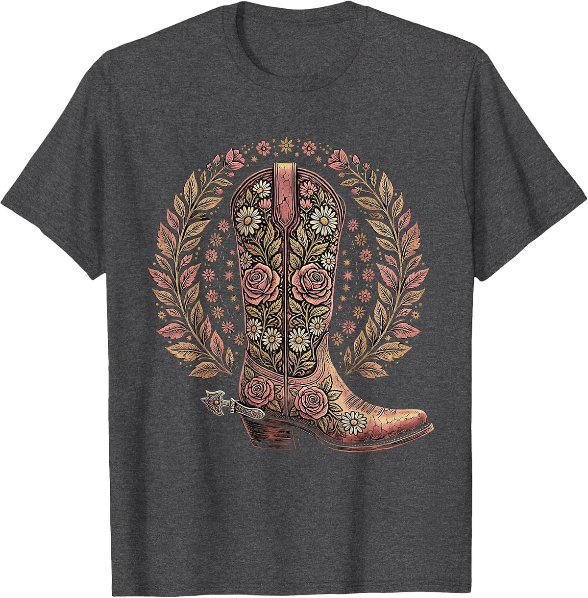 Floral Embroidery Western Boots Graphic Design T-Shirt - Dark Heather Grey